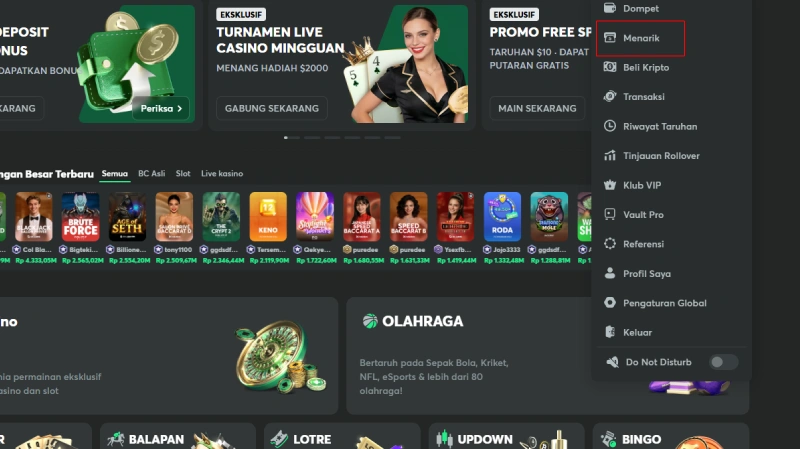 Masuk ke halaman penarikan di BC Game Indonesia