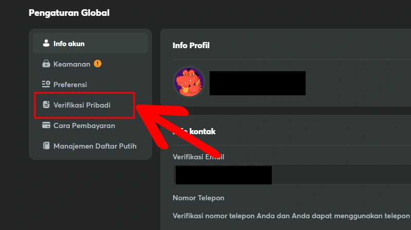 Pilih Menu Verifikasi Pribadi di untuk proses kyc verifikasi diri di BC Game Indonesia