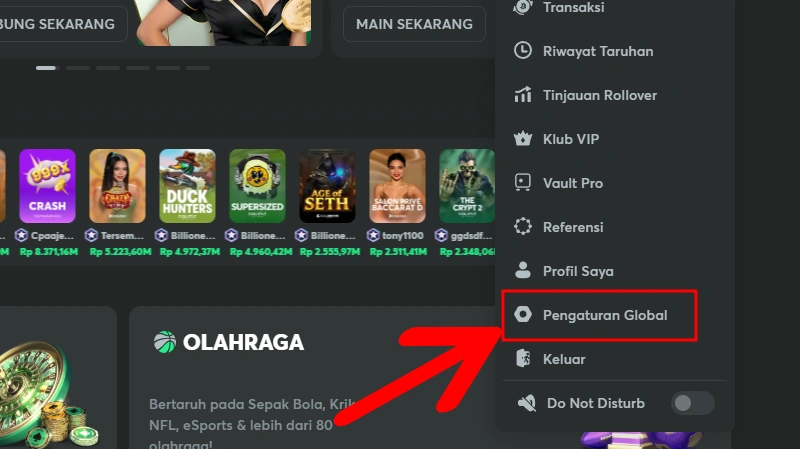 Pilih menu Pengaturan Global untuk KYC Verifikasi diri di BC Game Indonesia